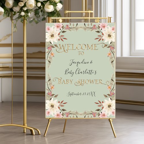 BOHO Watercolor Sage Pink Floral Girl Baby Shower Poster