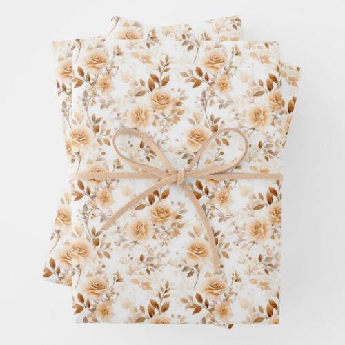 Boho watercolor shades of brown and ivory roses wrapping paper sheets