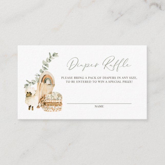Boho Watercolor Sheep Eucalyptus Diaper Raffle Enclosure Card (Front)