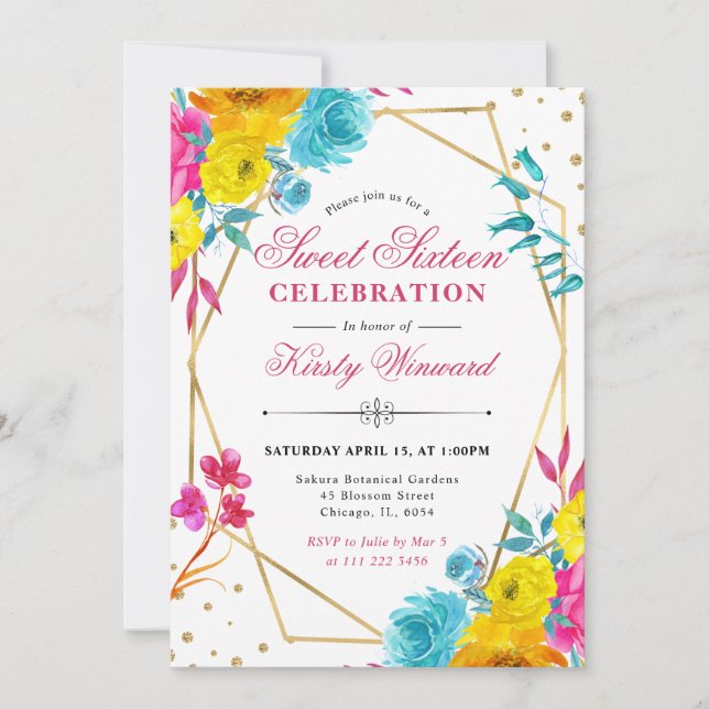 Boho Watercolor Spring Flowers Frame Sweet 16 Invitation (Front)