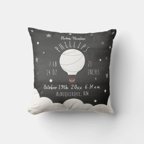 Boho Watercolor Stars Hot Air Balloon Birth Stats Throw Pillow