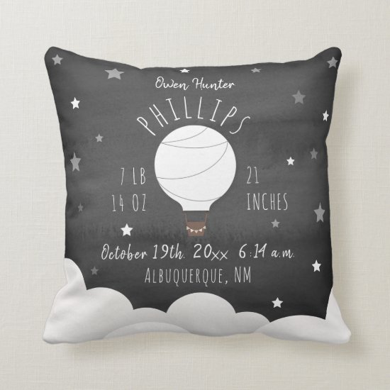 Boho Watercolor Stars Hot Air Balloon Birth Stats Throw Pillow