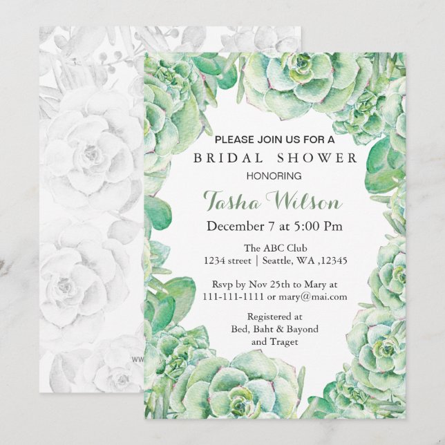 boho watercolor succulent Bridal Shower Invite (Front/Back)