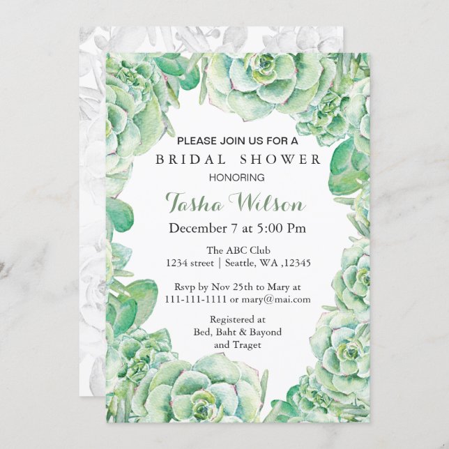 boho watercolor succulent Bridal Shower Invite (Front/Back)