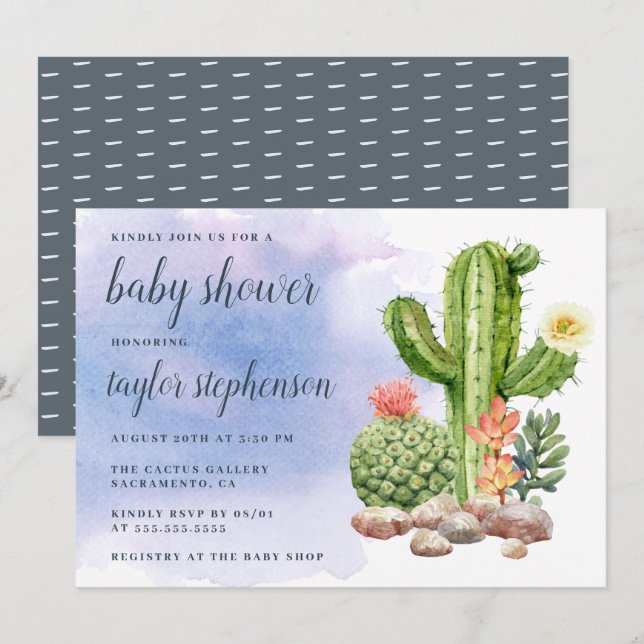 Boho Watercolor Succulent Cactus Baby Shower Invitation (Front/Back)