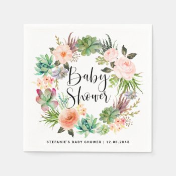 Boho Watercolor Succulent Wreath Baby Shower Napkins by KeikoPrints at Zazzle