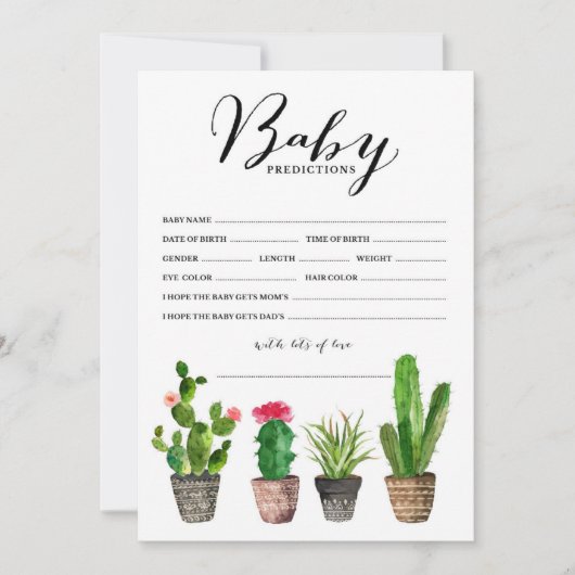 Boho Watercolor Succulents Baby Predictions Card (Front)