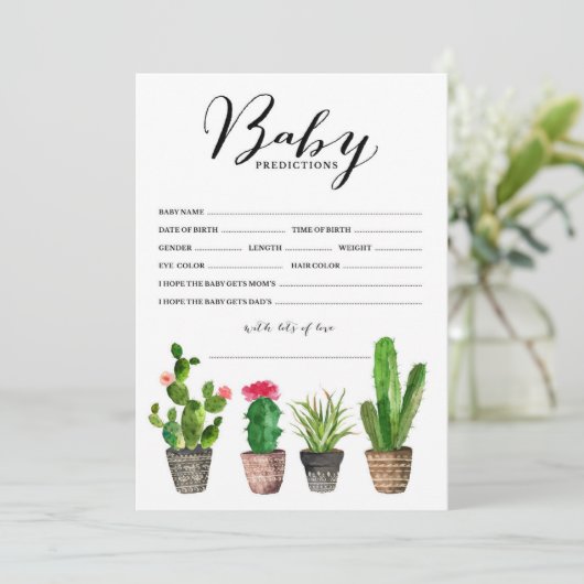 Boho Watercolor Succulents Baby Predictions Card (Standing Front)