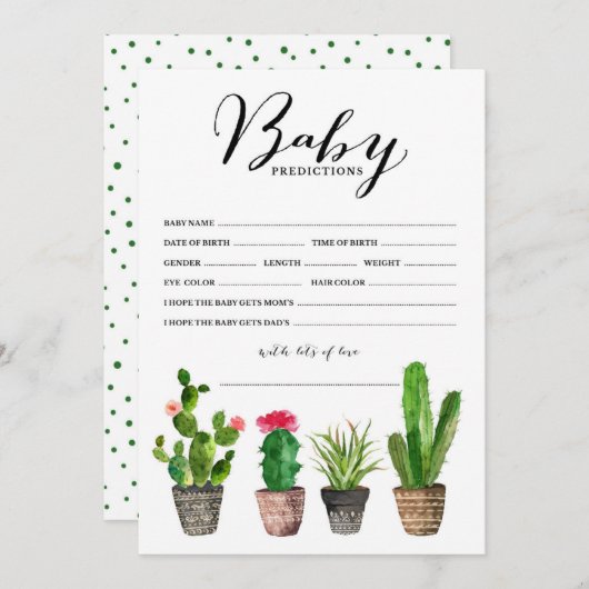 Boho Watercolor Succulents Baby Predictions Card (Front/Back)