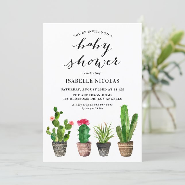 Boho Watercolor Succulents Baby Shower Invitation (Standing Front)