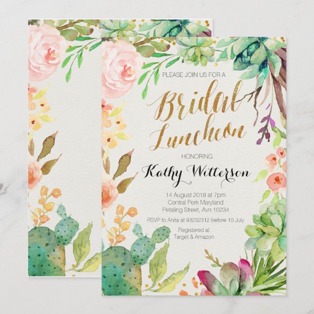 Boho Watercolor Succulents Bridal Luncheon invite (Front/Back)