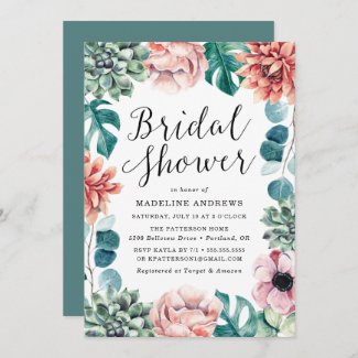 Boho Watercolor Succulents Bridal Shower Invitation