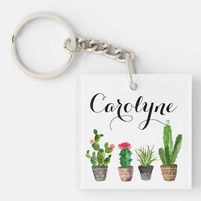 Boho Watercolor Succulents Custom Keychain (Front)