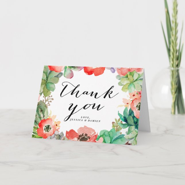 Boho Watercolor Succulents Floral Frame Thank You Card (Front)