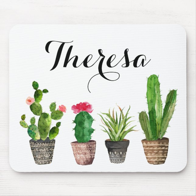 Boho Watercolor Succulents Personalized Mouse Pad (Front)