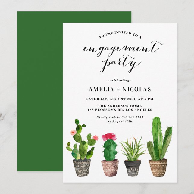 Boho Watercolor Succulents Summer Engagement Party Invitation (Front/Back)