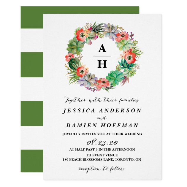 Boho Watercolor Succulents Wreath Floral Wedding Invitation
