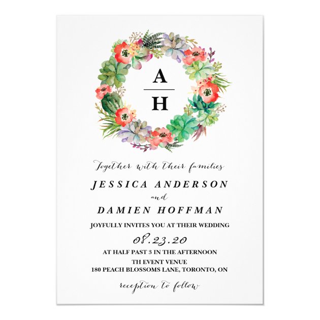 Boho Watercolor Succulents Wreath Floral Wedding Invitation