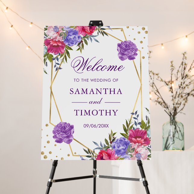 Boho Watercolor Summer Flowers Gold Frame Wedding Foam Board (In Situ (Stand))