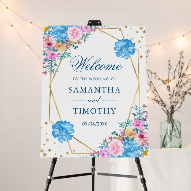 Boho Watercolor Summer Flowers Gold Frame Wedding Foam Board (In Situ (Stand))