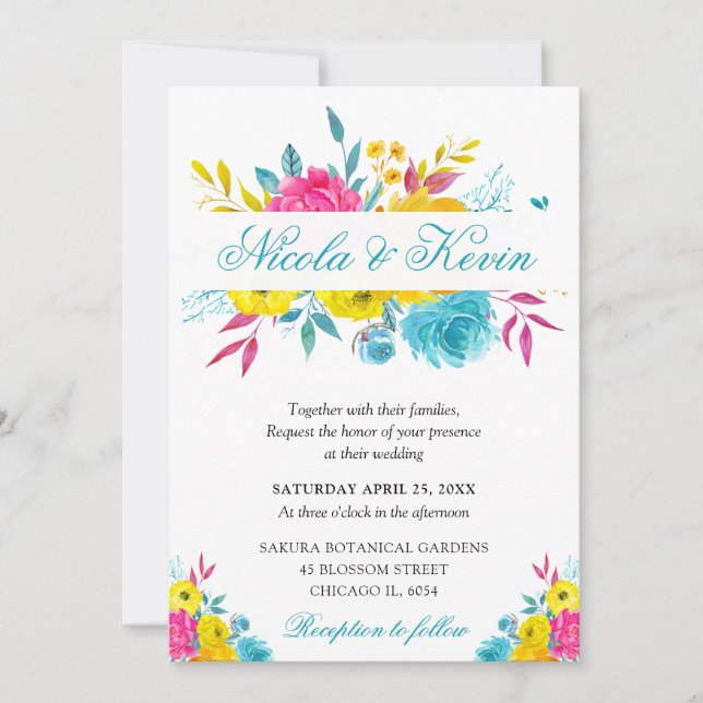 Boho Watercolor Summer Flowers Gold Frame Wedding Invitation (Front)
