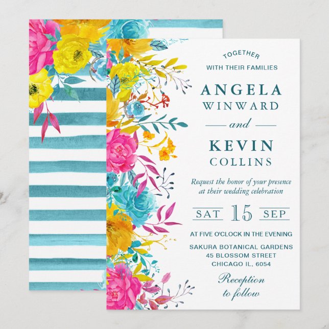 Boho Watercolor Summer Flowers Wedding Invitation (Front/Back)