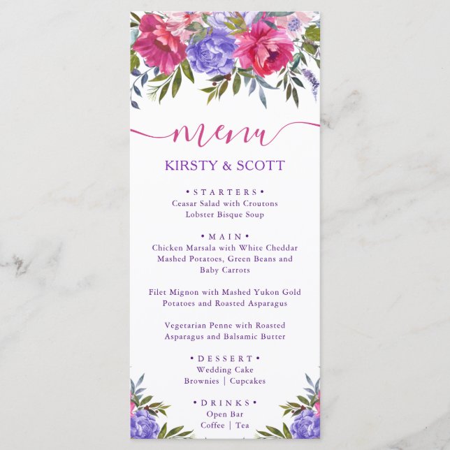 Boho Watercolor Summer Flowers Wedding Menu (Front)
