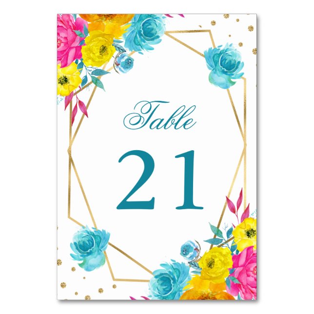 Boho Watercolor Summer Flowers Wedding Table Number (Front)