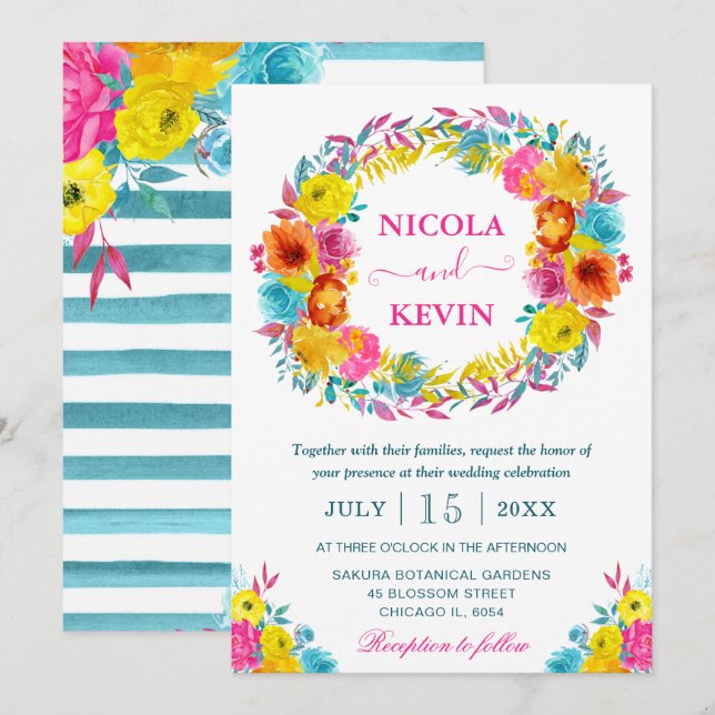 Boho Watercolor Summer Flowers Wreath Wedding Invitation (Front/Back)