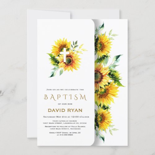 Boho Watercolor Sunflowers Cross Boy Baptism Invitation