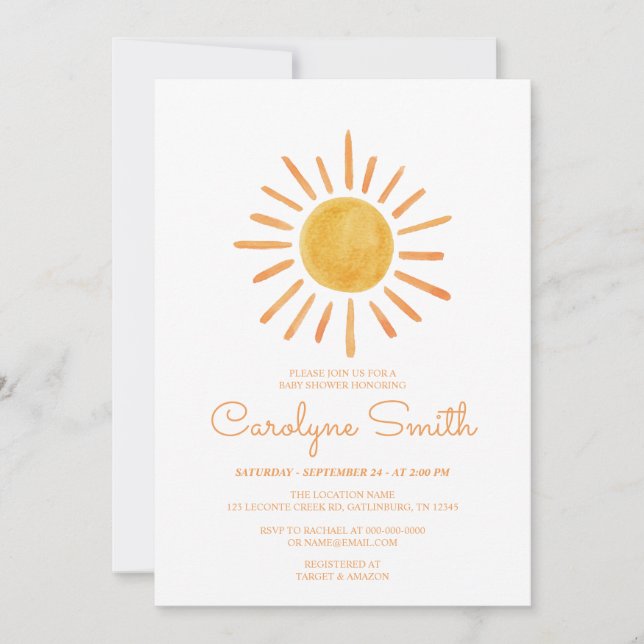 Boho Watercolor Sunshine Baby Shower Invitation (Front)