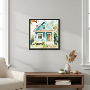 Boho Watercolor Teal Blue House  Canvas Print