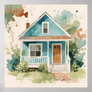 Boho Watercolor Teal Blue House Poster