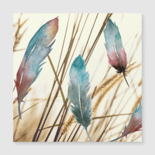 Boho Watercolor Teal Rose Feather Nature Pattern