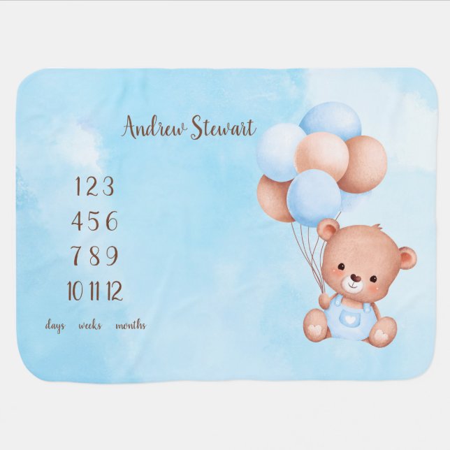Boho Watercolor Teddy Bear Baby Milestone Blanket (Horizontal)