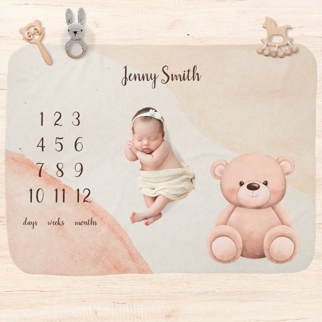 Boho Watercolor Teddy Bear Baby Milestone Blanket (Creator Uploaded)
