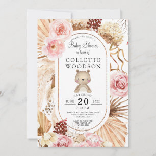 Boho Watercolor Teddy Bear Floral Pink Baby Shower Invitation