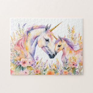 Boho Watercolor Tender Unicorn And Baby In Flower Jigsaw Puzzle