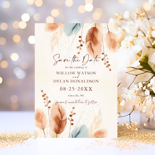 Boho Watercolor Terracotta Beige Blue Pampas Grass Save The Date