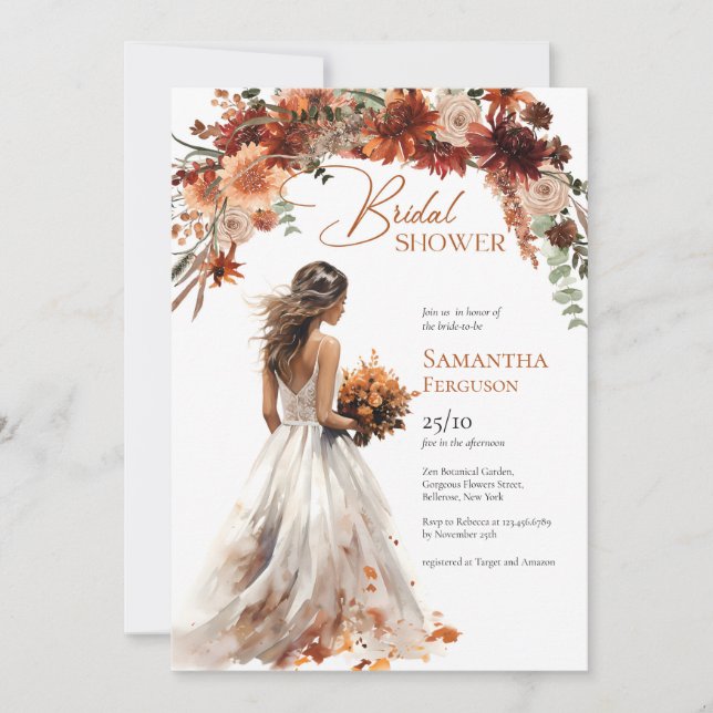 Boho watercolor terracotta bouquet wedding gown invitation (Front)