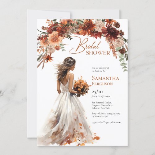 Boho watercolor terracotta bouquet wedding gown invitation