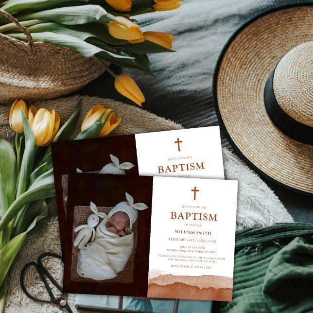 Boho Watercolor Terracotta Desert Photo Baptism Invitation (Boho Watercolor Terracotta Desert Photo Baptism Invitation)