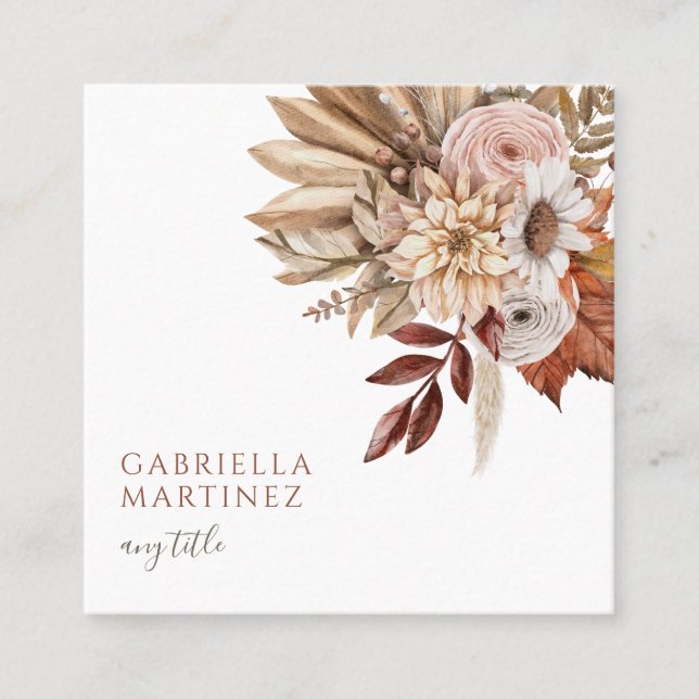 Boho Watercolor Terracotta Floral Square Business Card (Front)