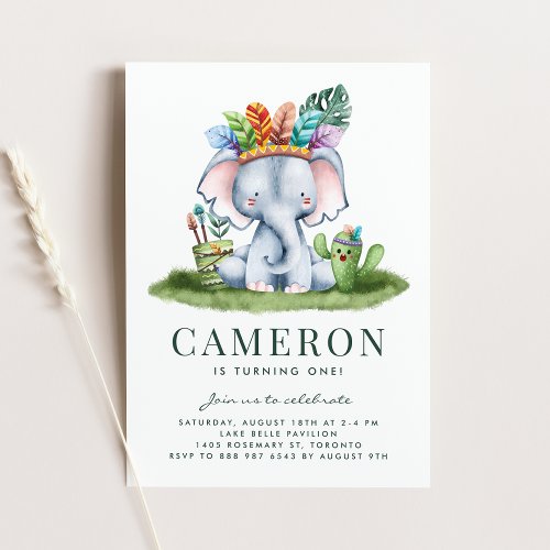 Boho Watercolor Tribal Elephant First Birthday Invitation