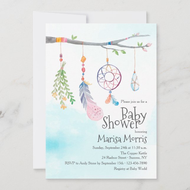 Boho Watercolor Tribal Feather Baby Shower Invites (Front)