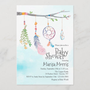 Boho Watercolor Tribal Feather Baby Shower Invites