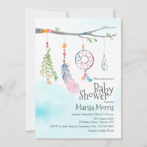 Boho Watercolor Tribal Feather Baby Shower Invites