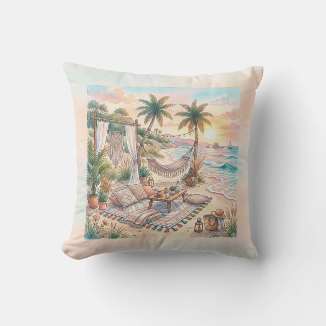 Boho Watercolor Tropical Beach Sunset Picnic Throw Pillow (Front)