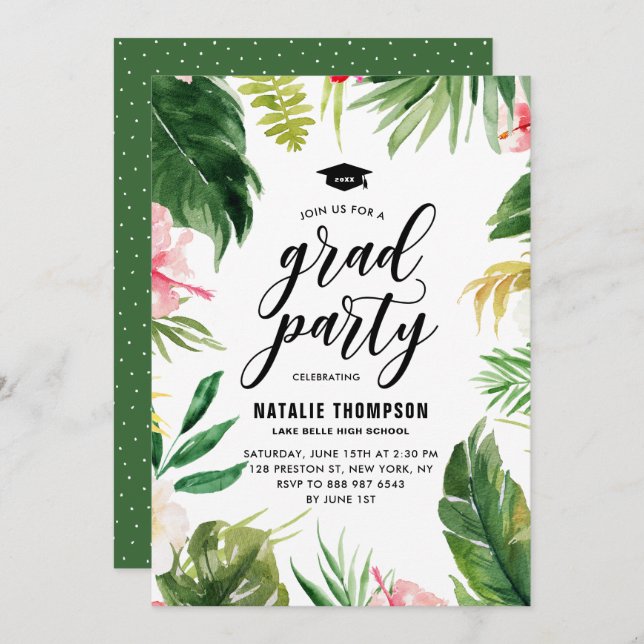 Boho Watercolor Tropical Floral Frame Graduation Invitation (Front/Back)
