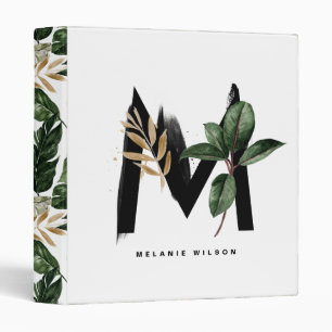 Boho Watercolor Tropical Leaves Letter M Monogram 3 Ring Binder